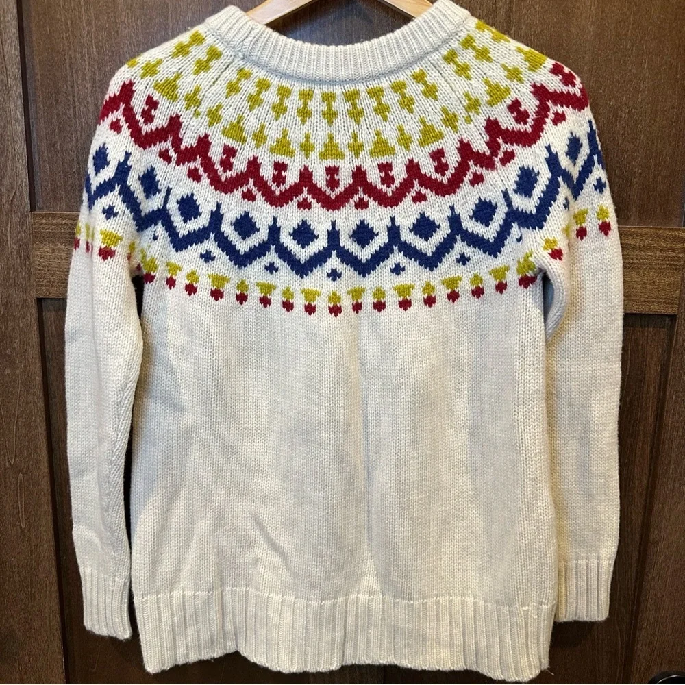 J. Crew Cream Fair Isle Crewneck Sweater with Red, Navy & Chartreuse Yoke
